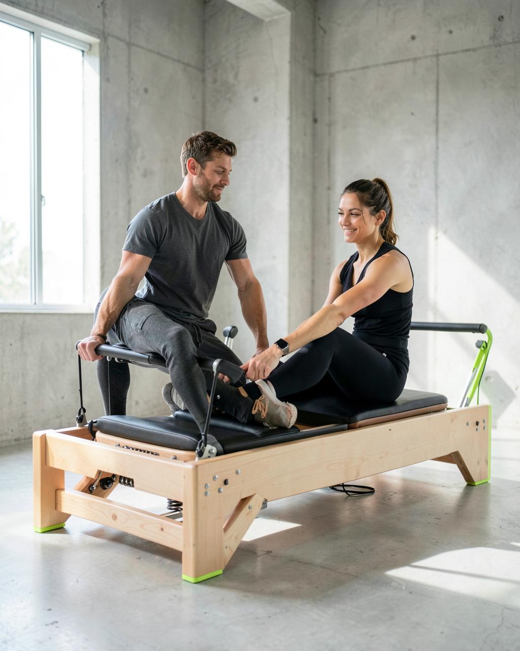 Athletes training on Activ Era Pilates reformers in a minimalist studio