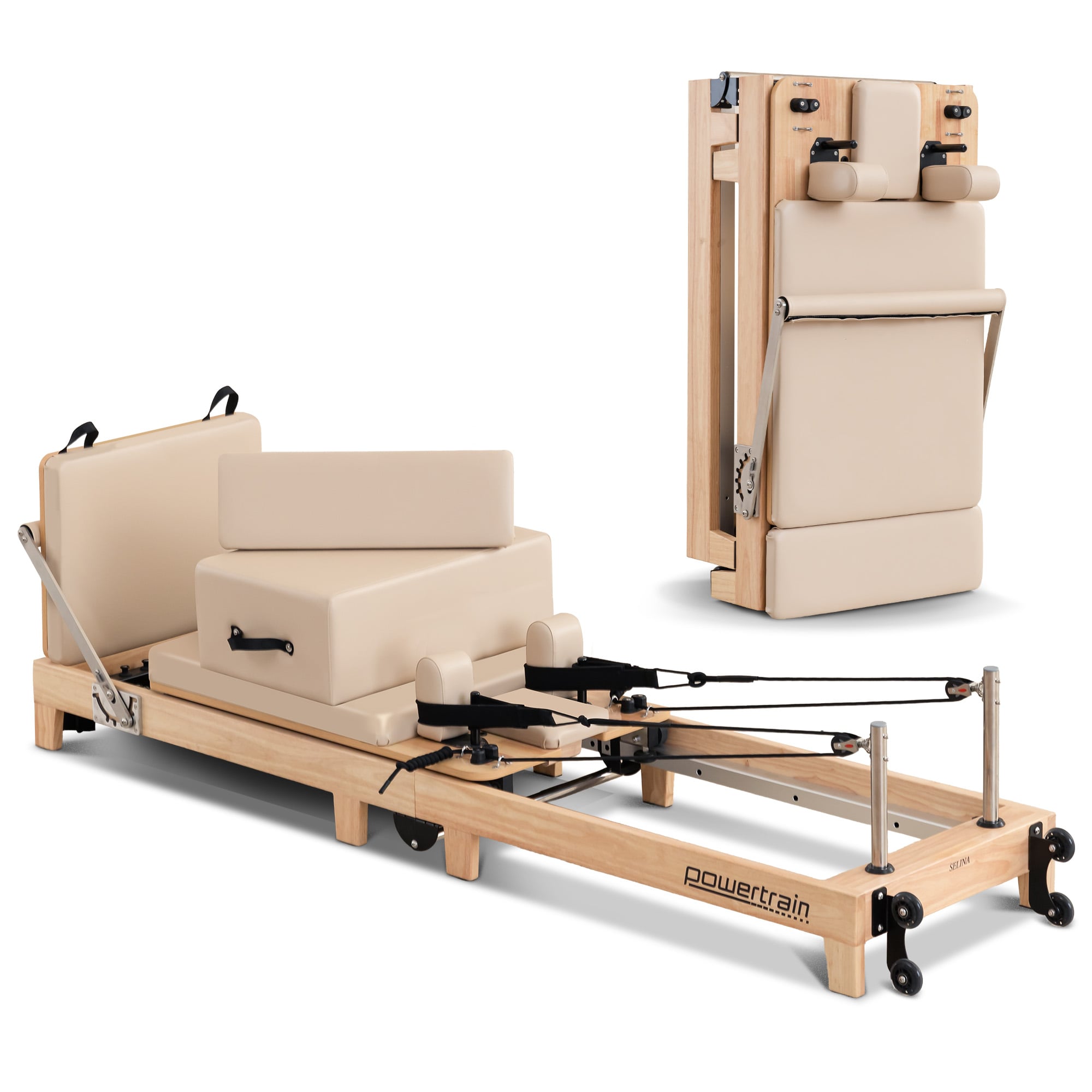 Powertrain Selina Pilates Reformer Machine Wooden Folding Multifunctional Home Gym Equipment with Jumpboard & Sitting Box Oak Beige